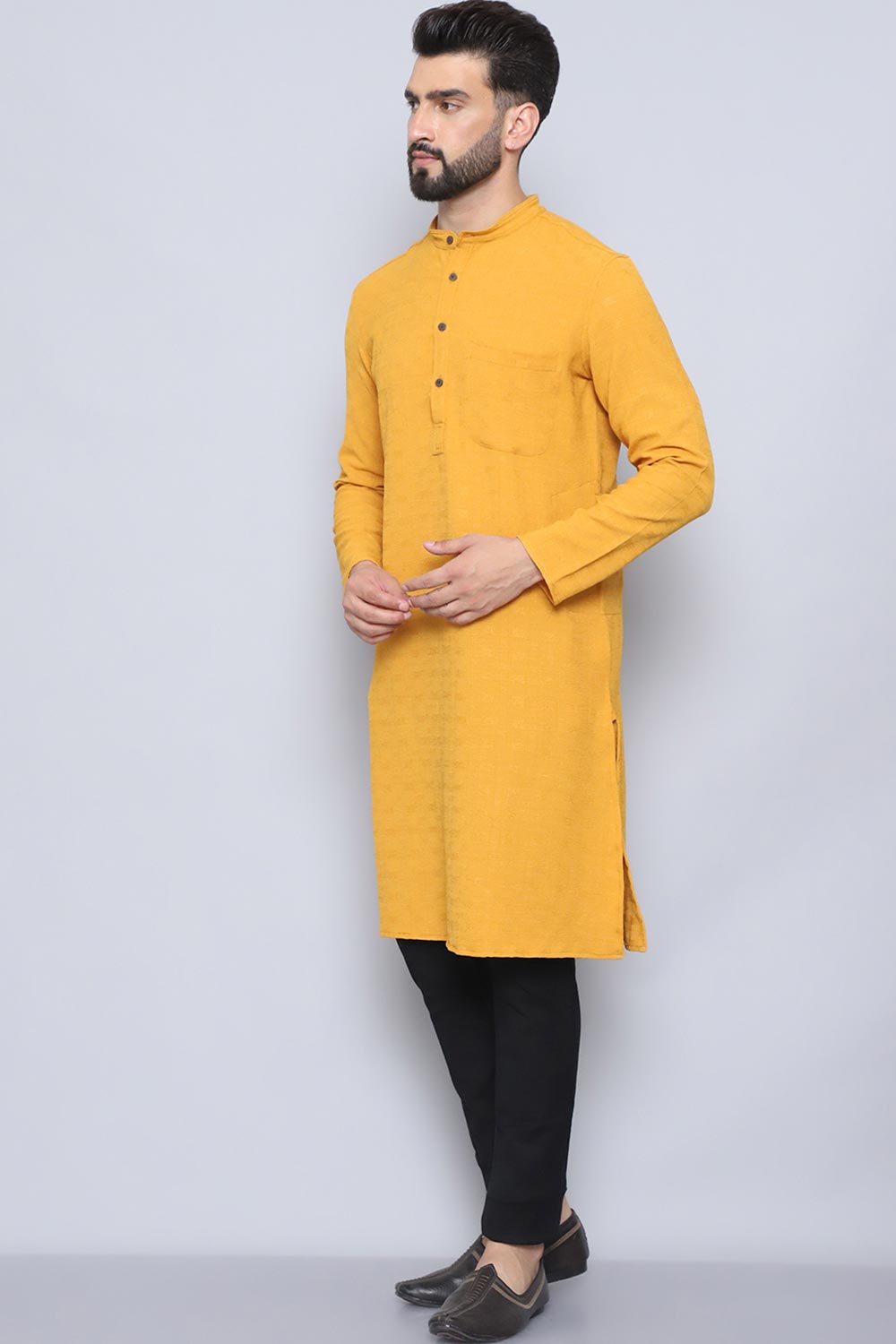 Men's Yellow Cotton Solid Long Kurta