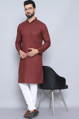 Men's Maroon Cotton Solid Long Kurta