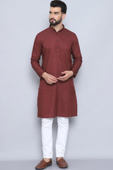 Men's Maroon Cotton Solid Long Kurta