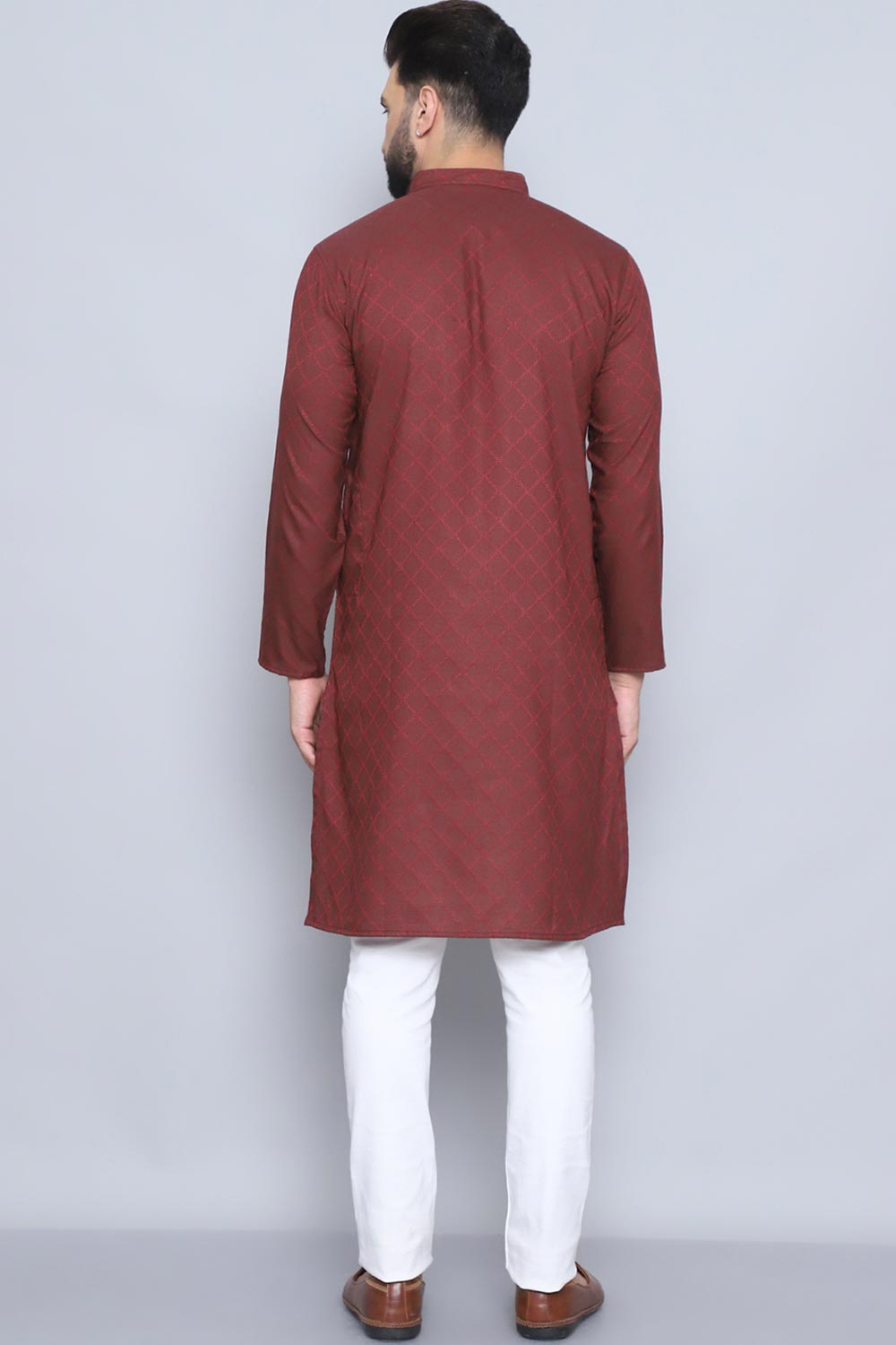 Men's Maroon Cotton Solid Long Kurta