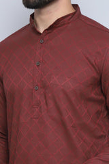 Men's Maroon Cotton Solid Long Kurta