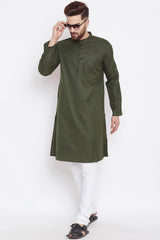 Men's Blended Cotton Solid Kurta Top In Olive Green