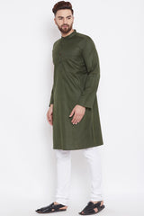 Men's Blended Cotton Solid Kurta Top In Olive Green