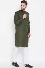 Men's Blended Cotton Solid Kurta Top In Olive Green