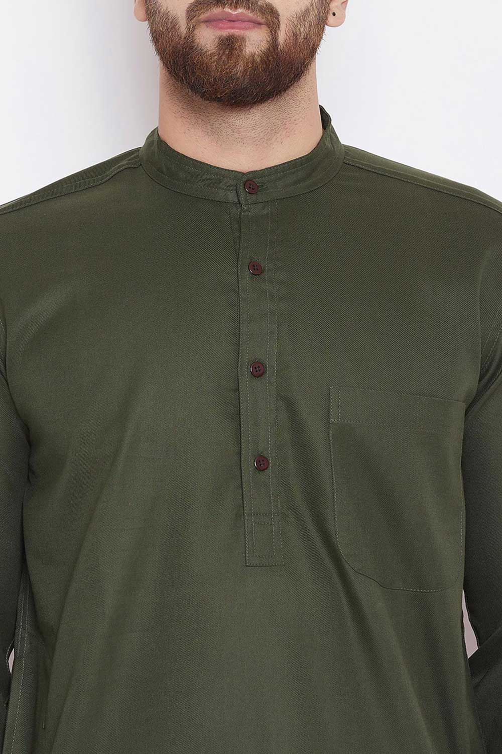 Men's Blended Cotton Solid Kurta Top In Olive Green