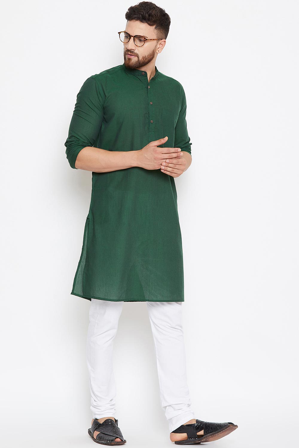 Men's Cotton Solid Kurta Top In Green