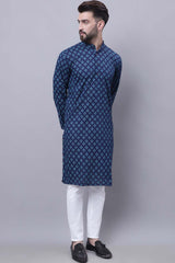 Buy Men's Blue Cotton Abstract Print Long Kurta Top Online - Back