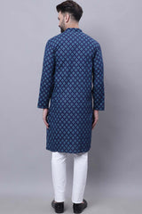 Buy Men's Blue Cotton Abstract Print Long Kurta Top Online - Front