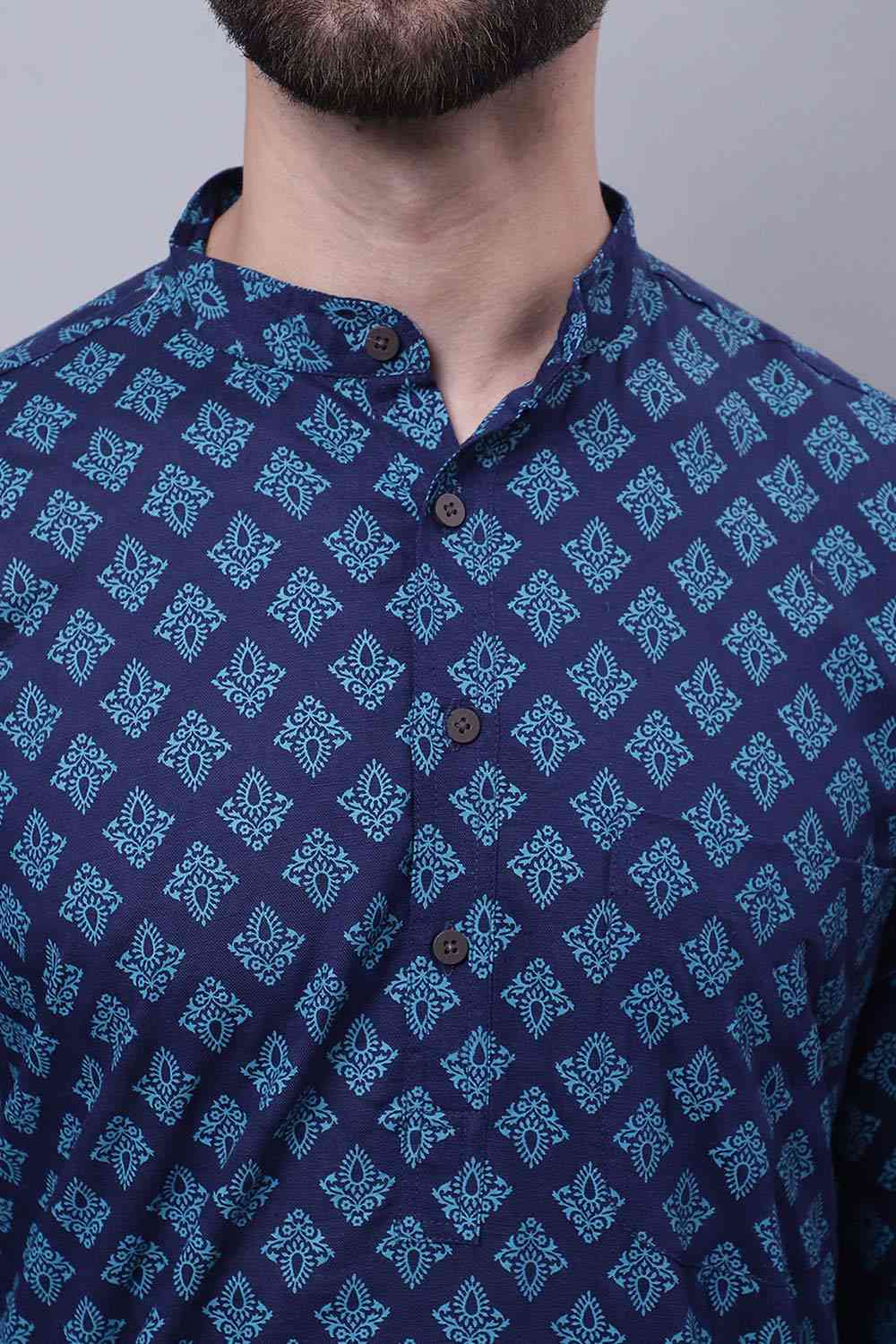 Buy Men's Blue Cotton Abstract Print Long Kurta Top Online - Side