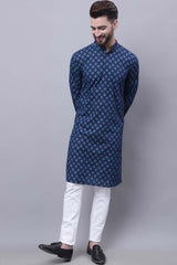 Buy Men's Blue Cotton Abstract Print Long Kurta Top Online - Zoom In