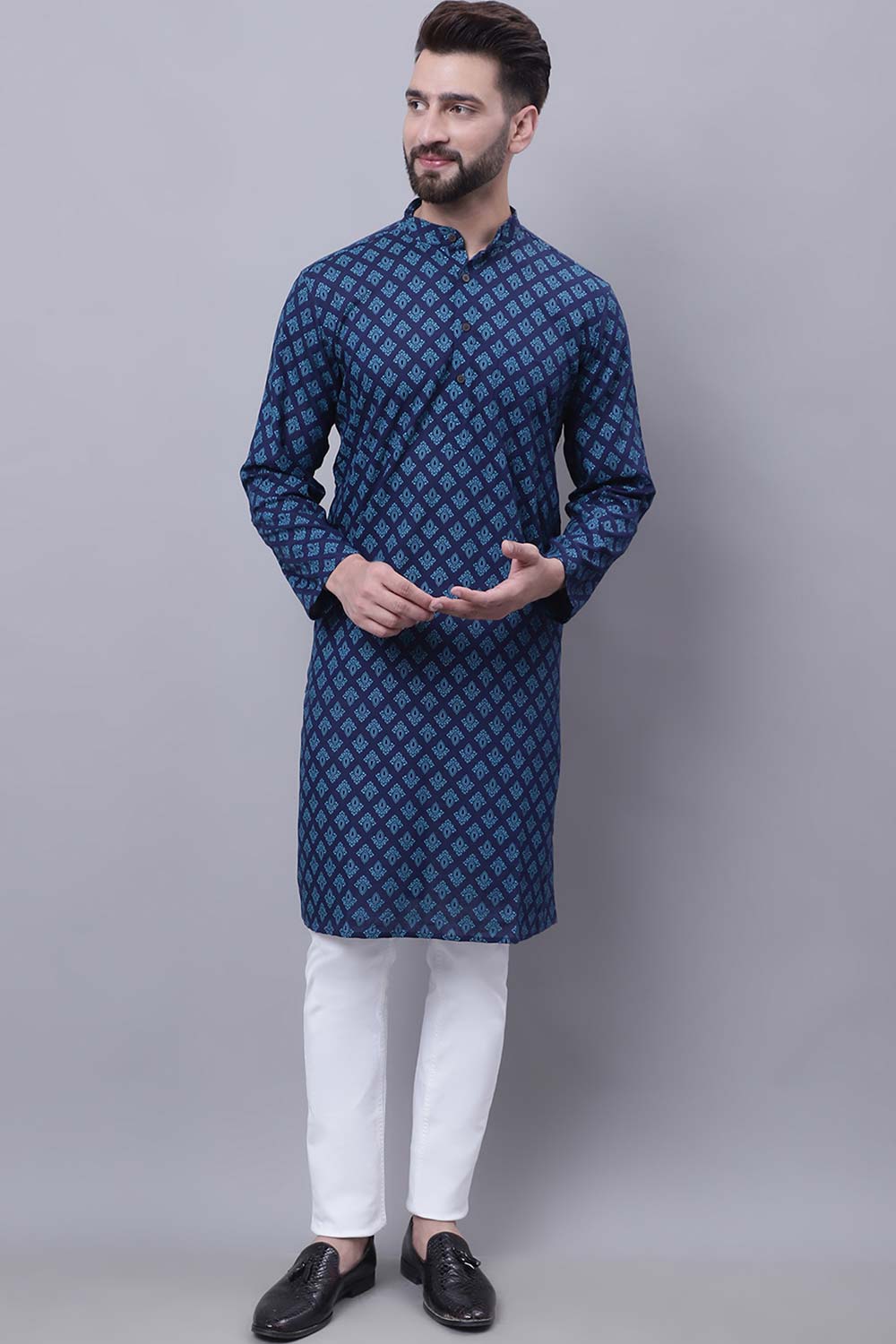 Buy Men's Blue Cotton Abstract Print Long Kurta Top Online