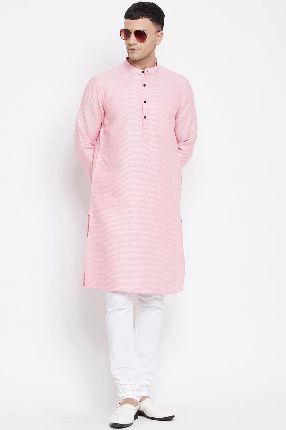 Men's Pure Cotton Stripe Printed Long Kurta Top in Light Pink