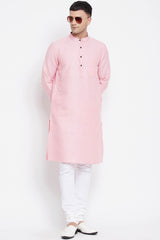 Men's Pure Cotton Stripe Printed Long Kurta Top in Light Pink