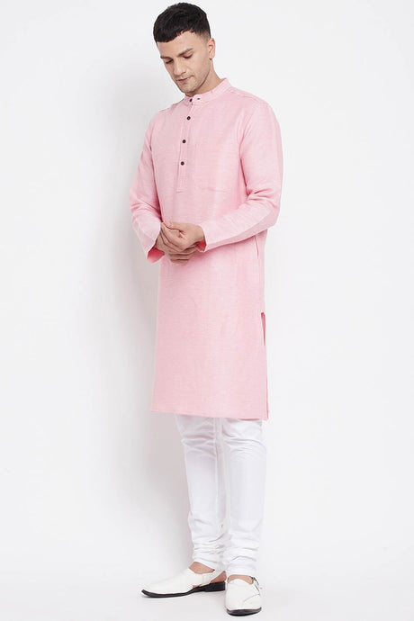 Men's Pure Cotton Stripe Printed Long Kurta Top In Light Orange Pink