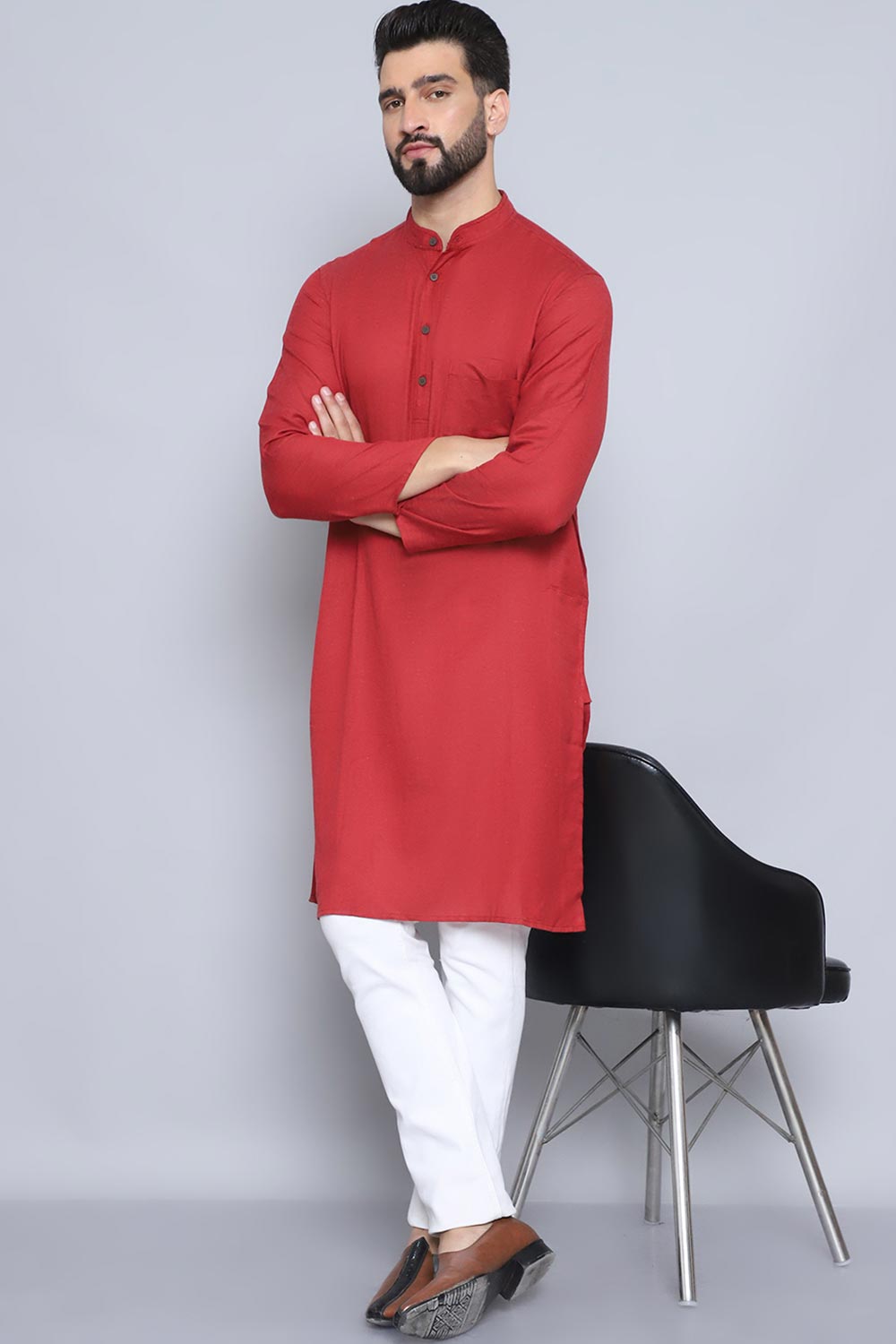 Men's Rust Cotton Solid Long Kurta