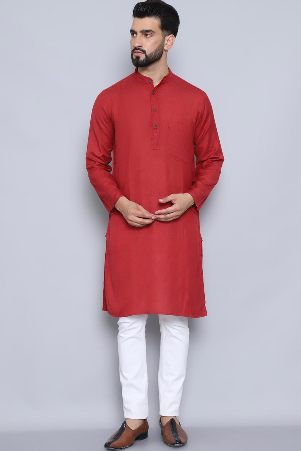 Men's Rust Cotton Solid Long Kurta