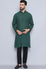 Men's Green Cotton Solid Long Kurta