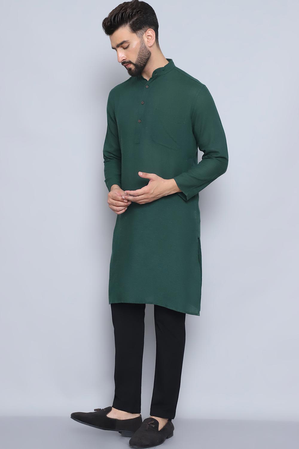 Men's Green Cotton Solid Long Kurta