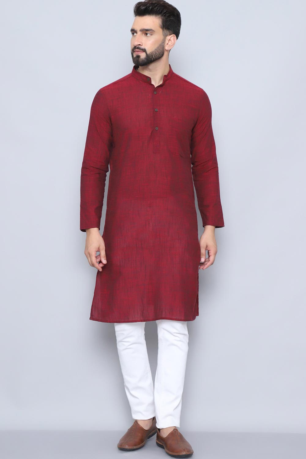 Men's Maroon Cotton Solid Long Kurta