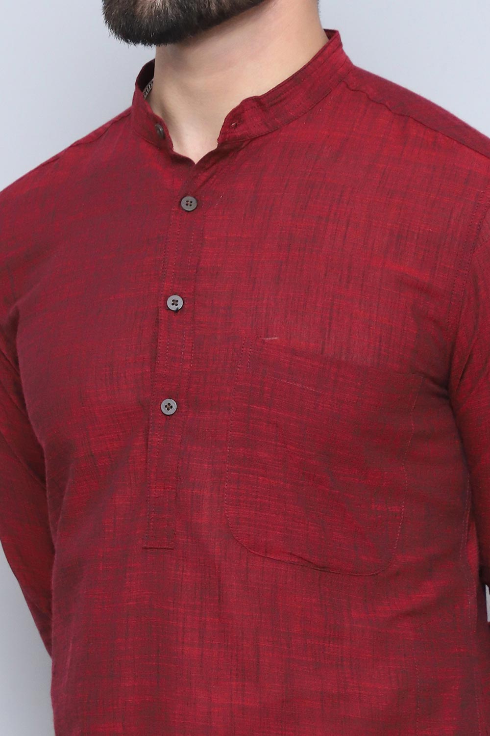 Men's Maroon Cotton Solid Long Kurta