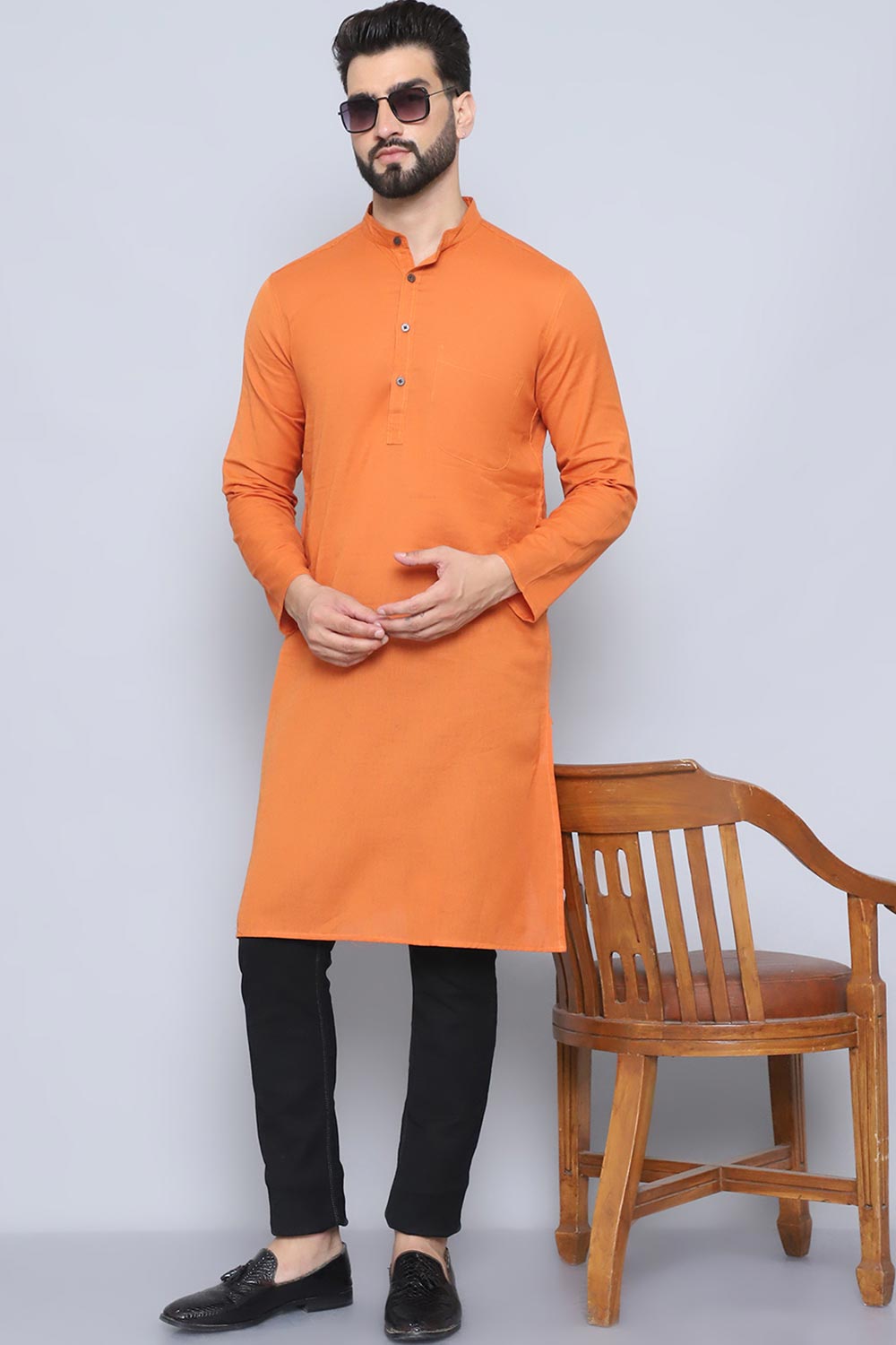 Men's Orange Cotton Solid Long Kurta