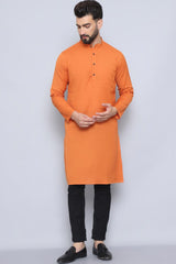 Men's Orange Cotton Solid Long Kurta