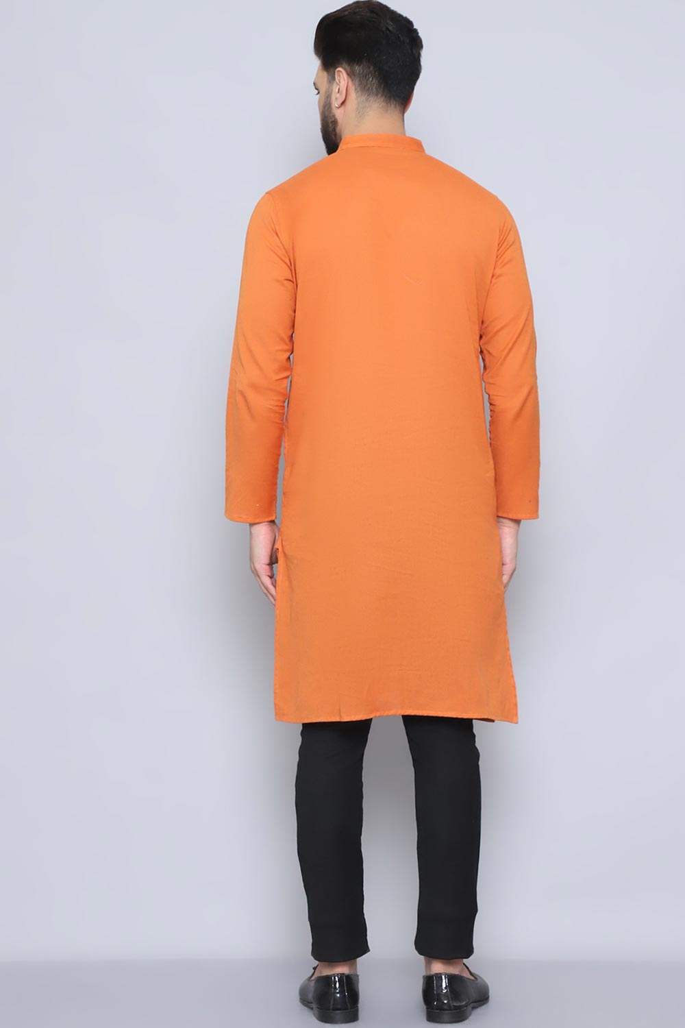 Men's Orange Cotton Solid Long Kurta