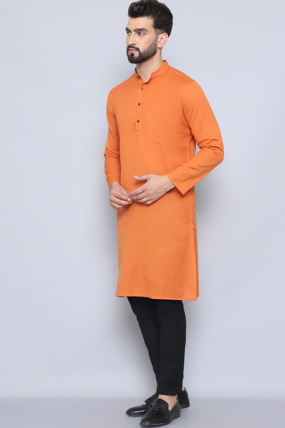 Men's Orange Cotton Solid Long Kurta