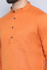 Men's Orange Cotton Solid Long Kurta