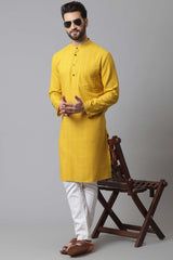 Buy Men's Yellow Linen Stripes Long Kurta Online - KARMAPLACE