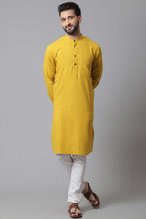 Buy Men's Yellow Linen Stripes Long Kurta Online - KARMAPLACE