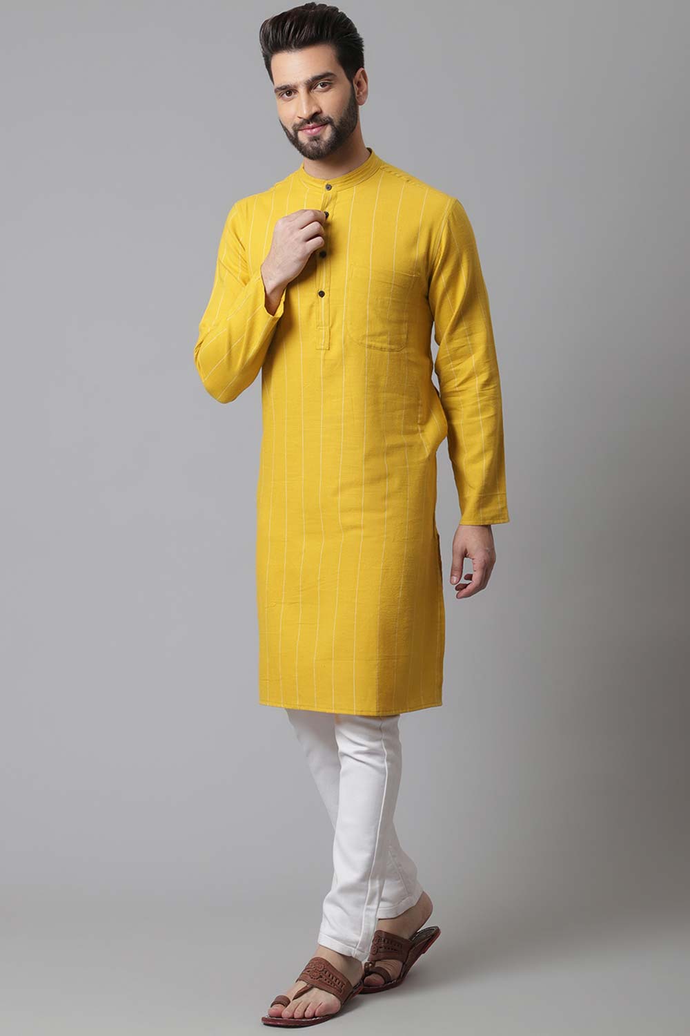 Buy Men's Yellow Linen Stripes Long Kurta Online - KARMAPLACE