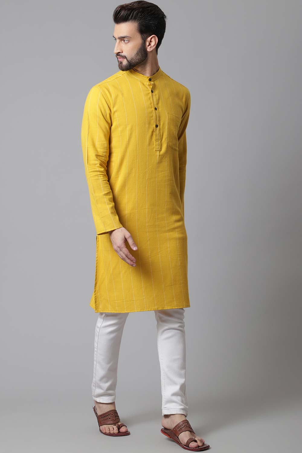 Buy Men's Yellow Linen Stripes Long Kurta Online - KARMAPLACE