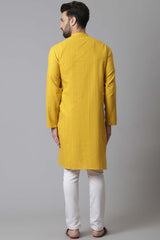 Buy Men's Yellow Linen Stripes Long Kurta Online - KARMAPLACE