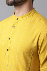 Buy Men's Yellow Linen Stripes Long Kurta Online - KARMAPLACE