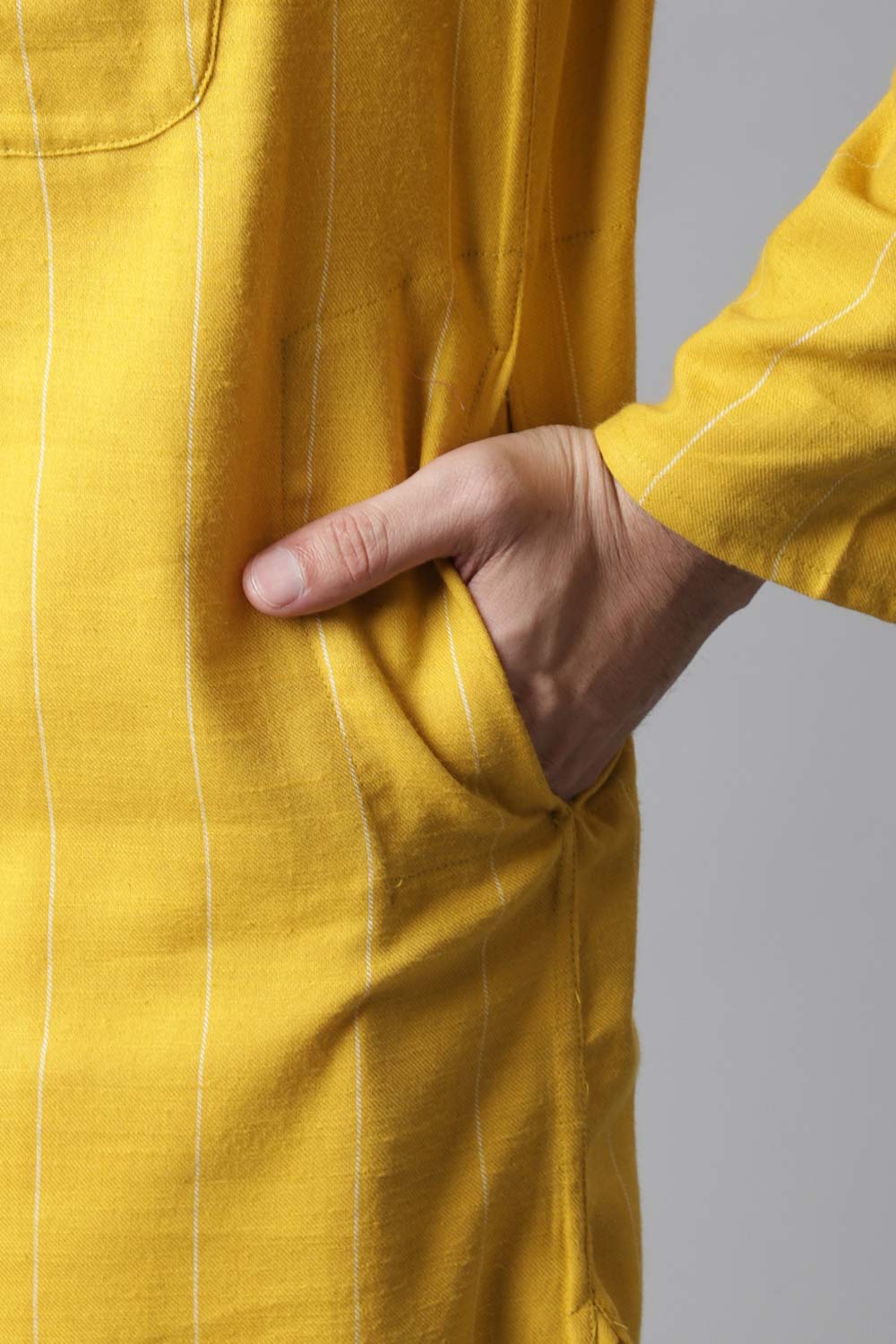 Buy Men's Yellow Linen Stripes Long Kurta Online - KARMAPLACE