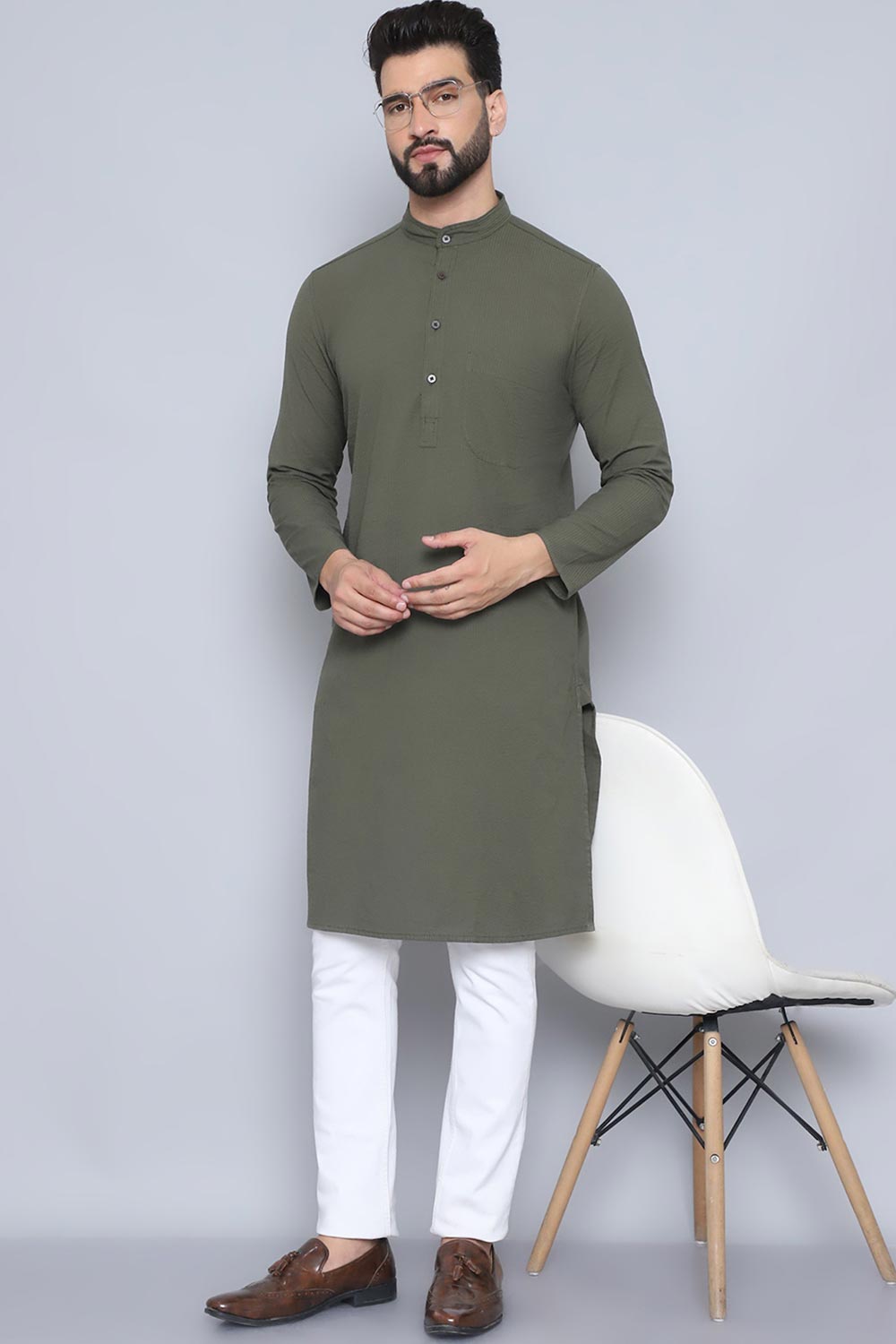 Men's Green Cotton Solid Long Kurta