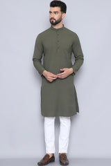 Men's Green Cotton Solid Long Kurta