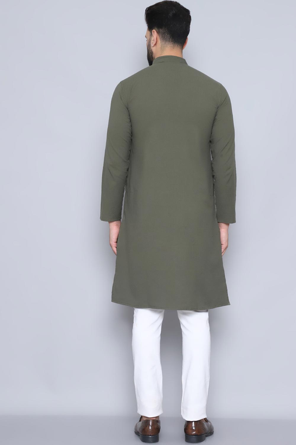 Men's Green Cotton Solid Long Kurta