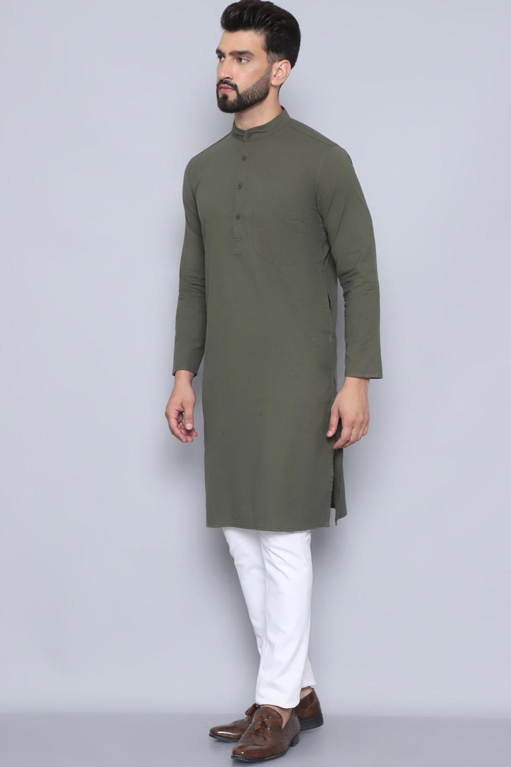 Men's Green Cotton Solid Long Kurta