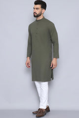 Men's Green Cotton Solid Long Kurta