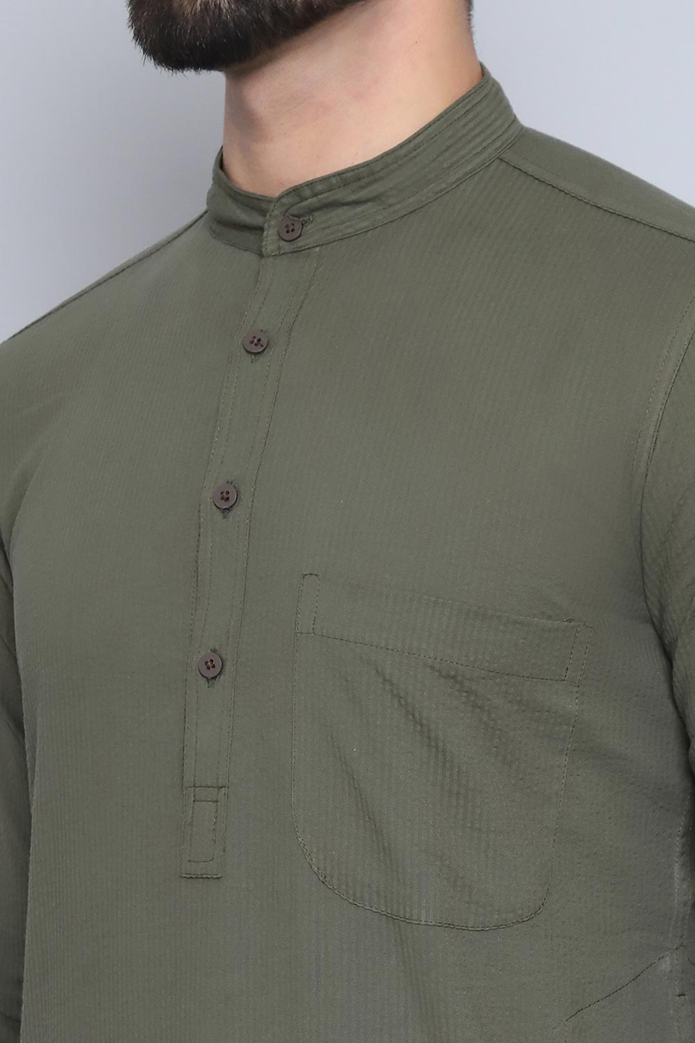 Men's Green Cotton Solid Long Kurta