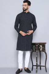 Men's Black Cotton Solid Long Kurta