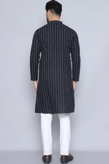 Men's Black Cotton Solid Long Kurta