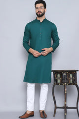 Men's Green Cotton Solid Long Kurta