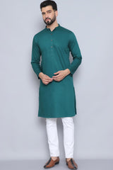 Men's Green Cotton Solid Long Kurta