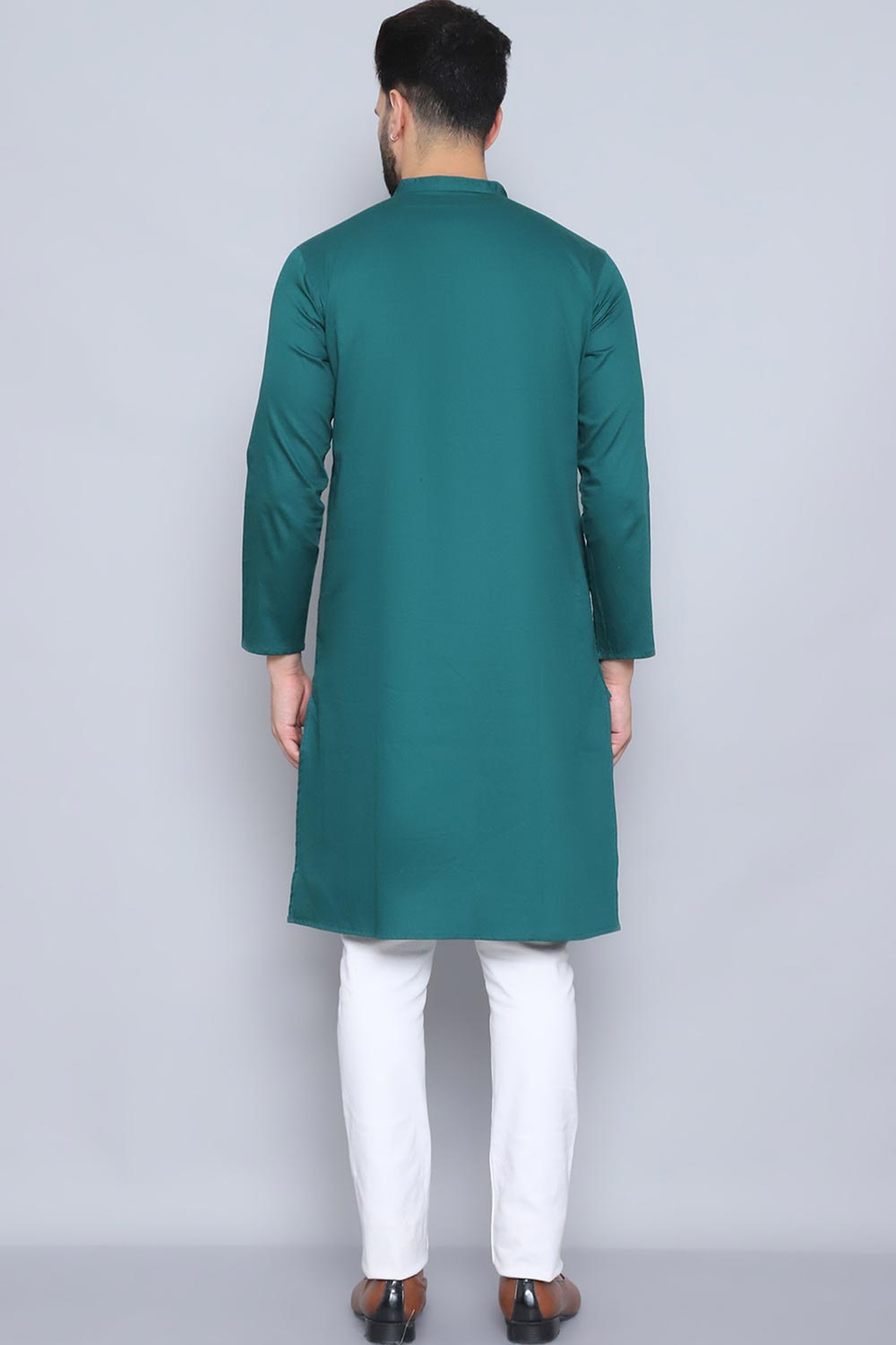 Men's Green Cotton Solid Long Kurta