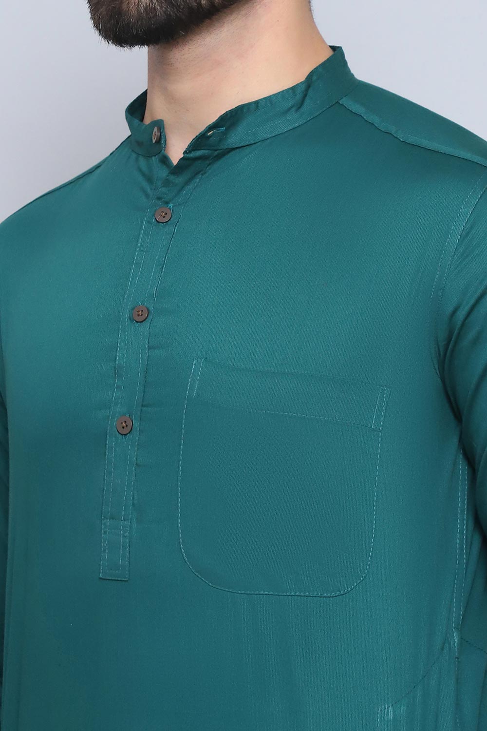 Men's Green Cotton Solid Long Kurta