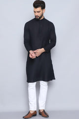 Men's Black Cotton Solid Long Kurta