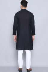 Men's Black Cotton Solid Long Kurta